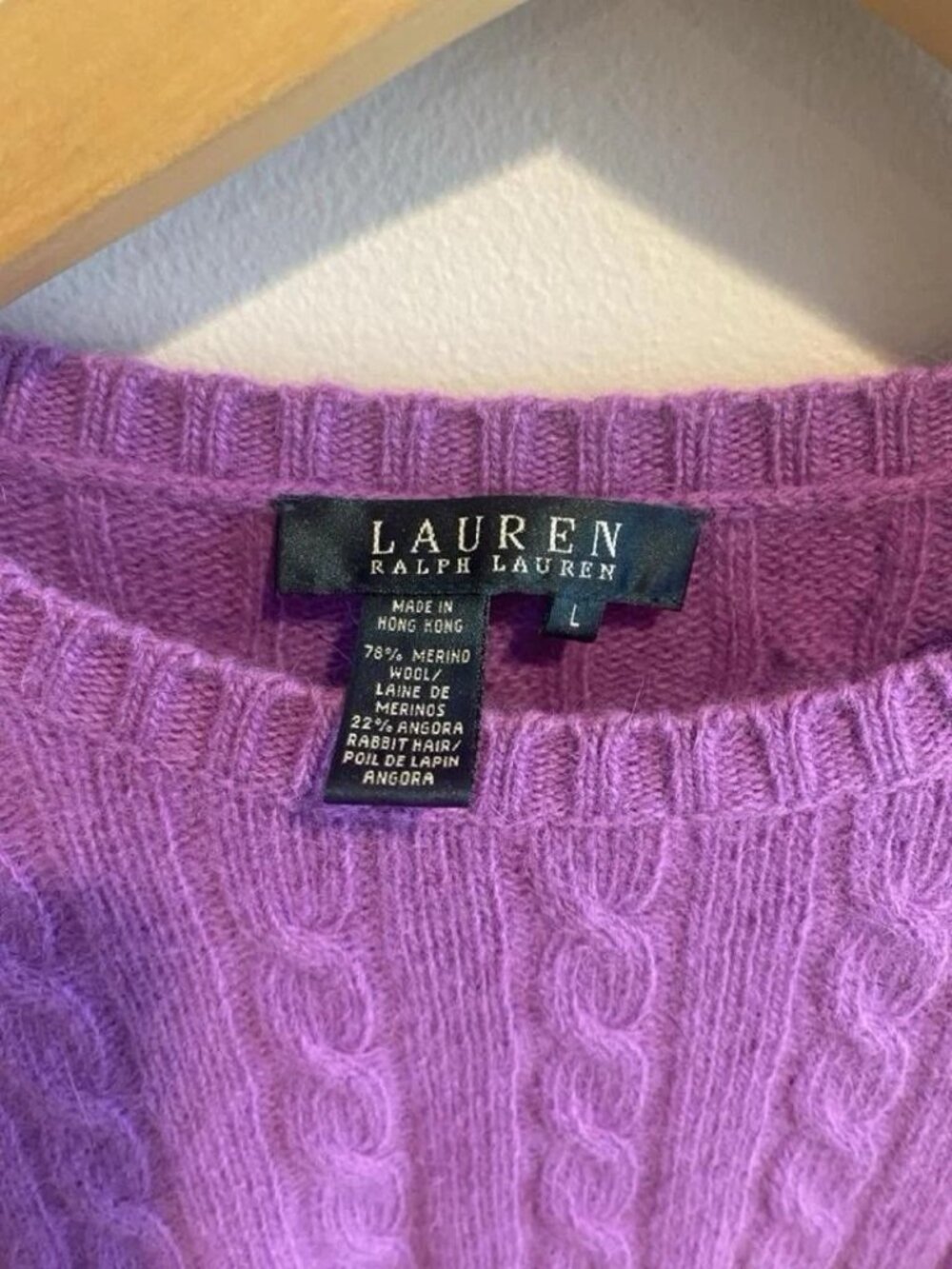 Lauren Ralph Lauren Purple Merino Wool and Rabbit Hair Cable Knit Sweater Size L